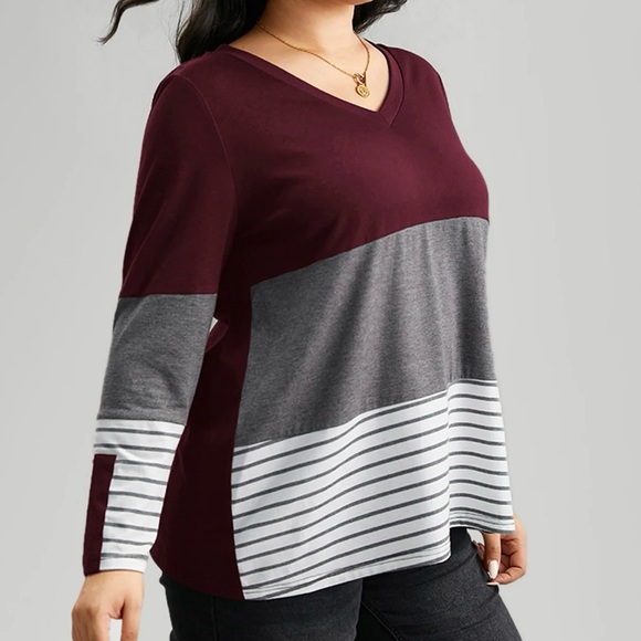 Bloomchic Burgundy Colorblock Contrast Striped V Neck T-shirt Women’s 1X 14-16 - Picture 11 of 11